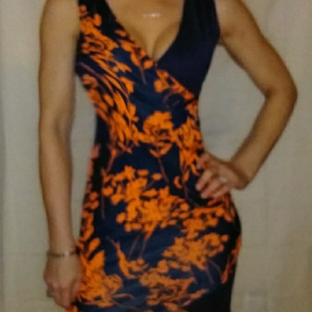 Navy & Bright Orange form fitting Dress